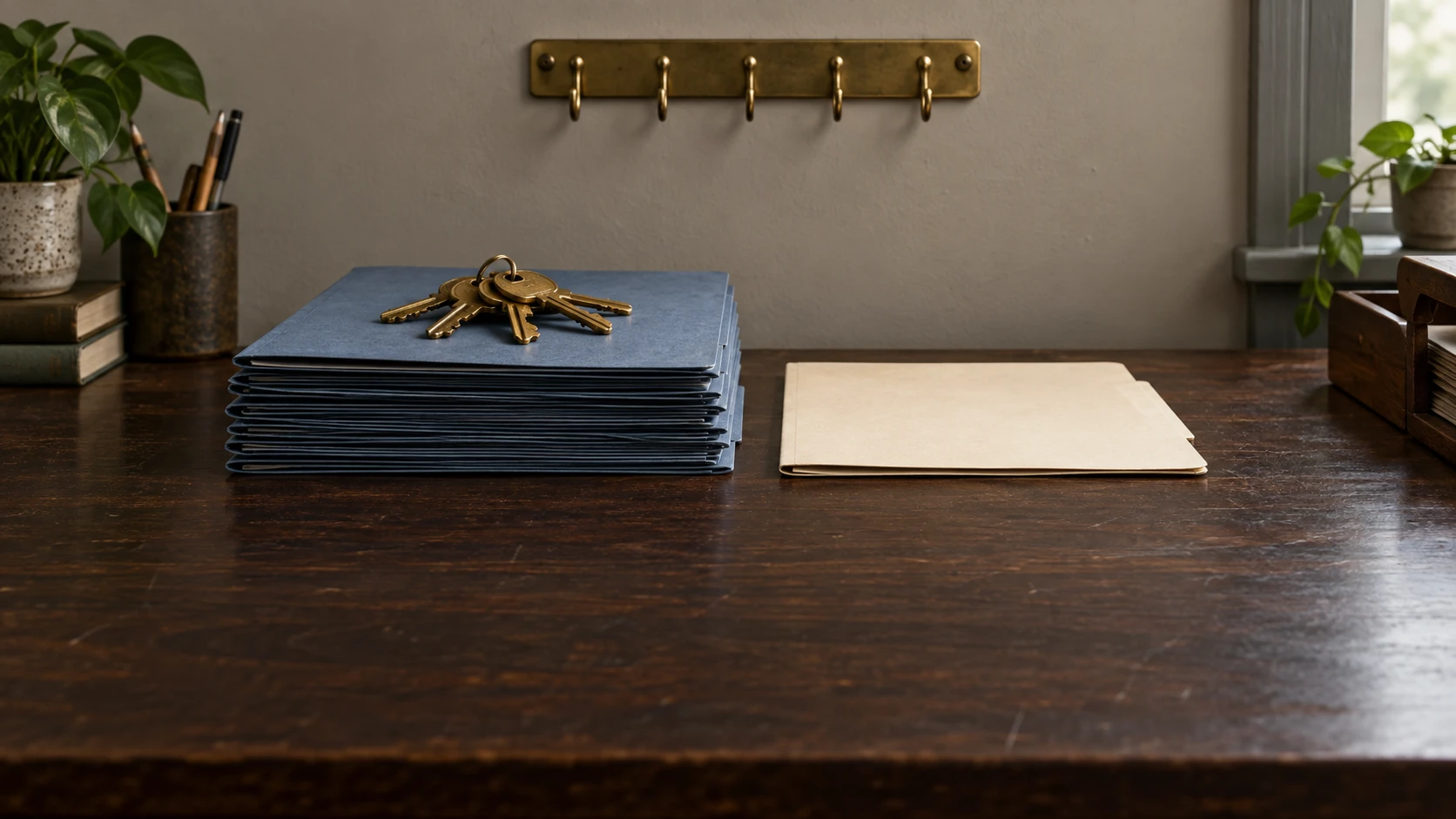 Brass keys rest on stacked blue folders beneath an empty key rack, beside a separate cream folder.