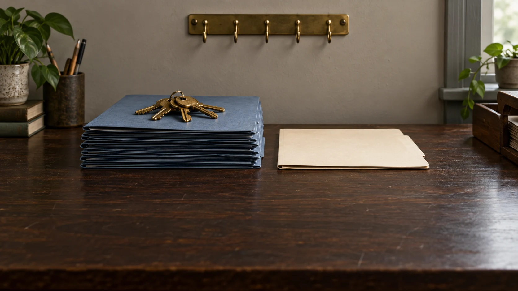 Brass keys rest on stacked blue folders beneath an empty key rack, beside a separate cream folder.