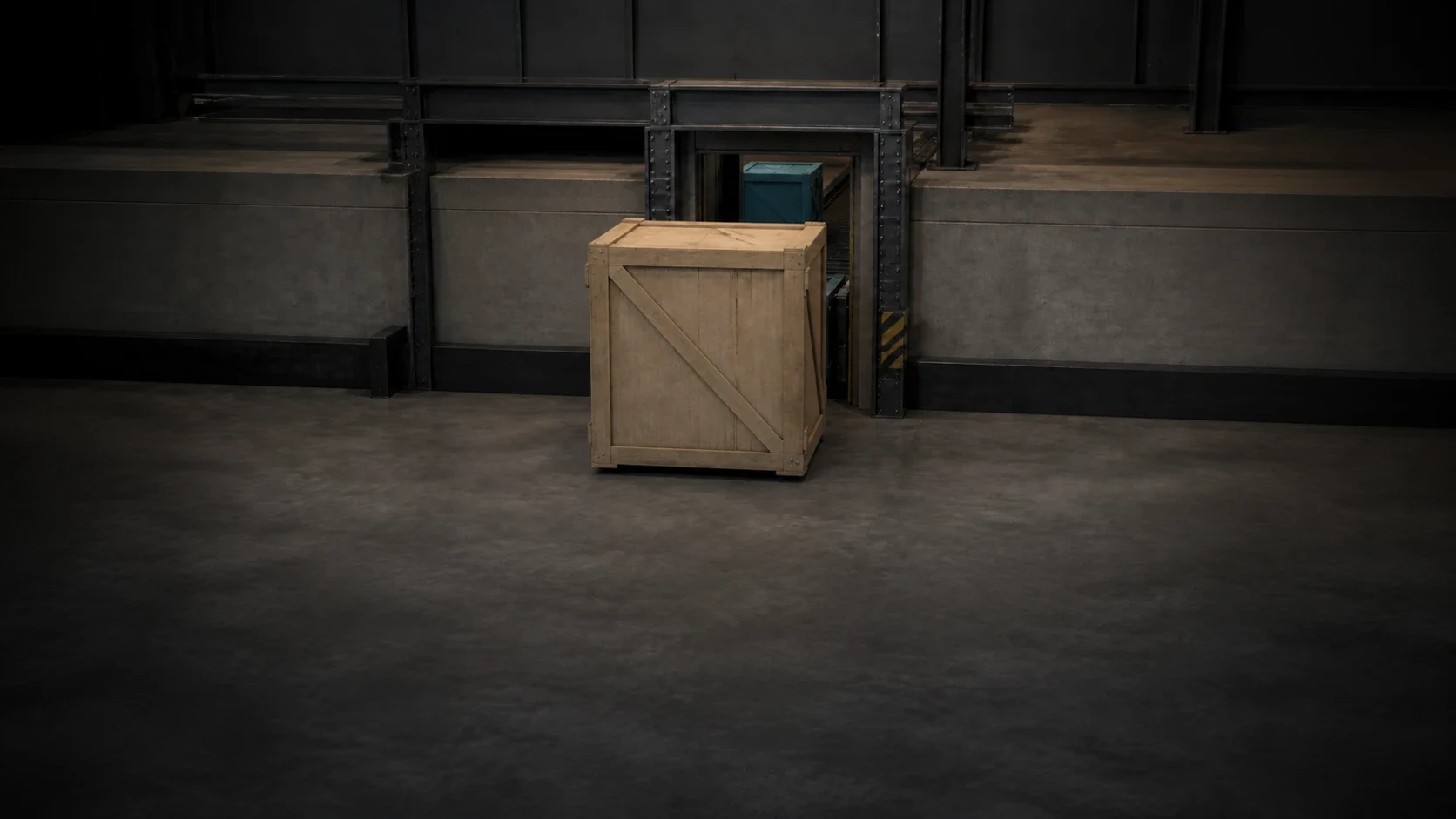 A large wooden freight crate is blocked in front of a narrow steel gate while a smaller blue crate sits beyond the same opening.